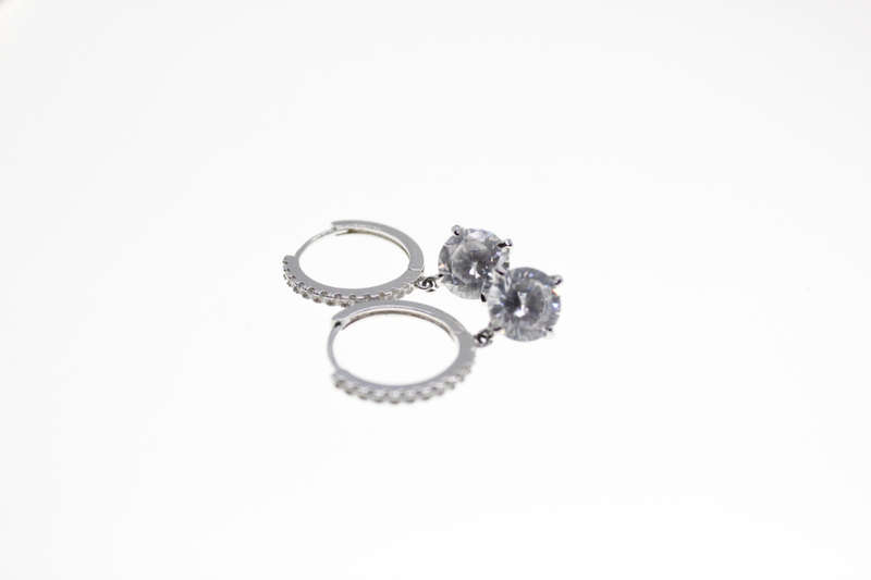 Earrings - Fashion Silver Tone Sleeper Style with Diamantes and Large Clear Stone - ML2604