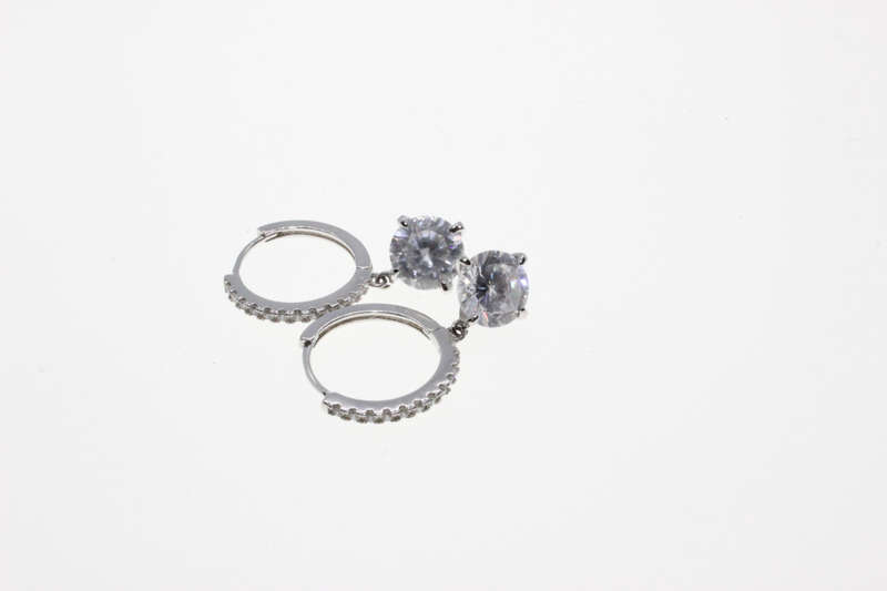 Earrings - Fashion Silver Tone Sleeper Style with Diamantes and Large Clear Stone - ML2604