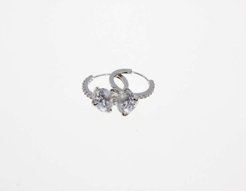 Earrings - Fashion Silver Tone Sleeper Style with Diamantes and Large Clear Stone - ML2604