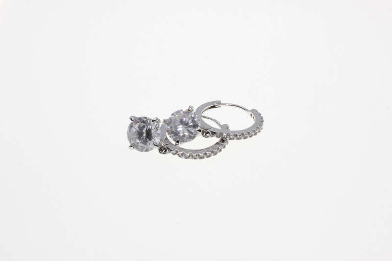 Earrings - Fashion Silver Tone Sleeper Style with Diamantes and Large Clear Stone - ML2604