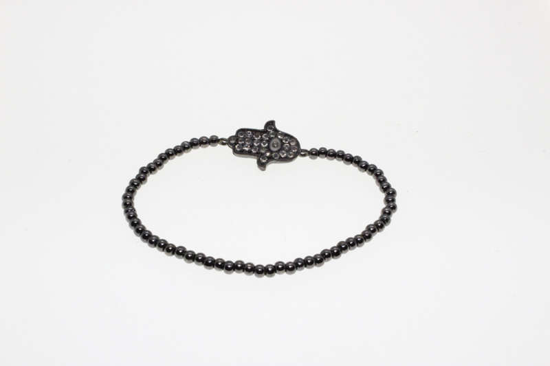 Bracelet - Vintage Metal Tone Beaded with Diamante Studded Hamsa Hand, Slightly Stretchable - ML2605