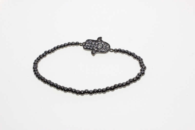 Bracelet - Vintage Metal Tone Beaded with Diamante Studded Hamsa Hand, Slightly Stretchable - ML2605