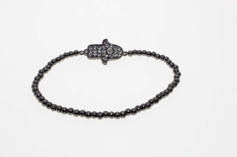 Bracelet - Vintage Metal Tone Beaded with Diamante Studded Hamsa Hand, Slightly Stretchable - ML2605