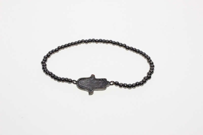 Bracelet - Vintage Metal Tone Beaded with Diamante Studded Hamsa Hand, Slightly Stretchable - ML2605