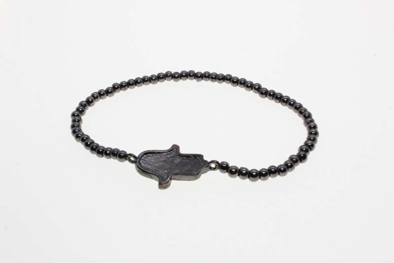 Bracelet - Vintage Metal Tone Beaded with Diamante Studded Hamsa Hand, Slightly Stretchable - ML2605