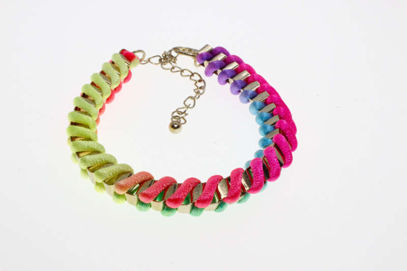Bracelet - Fashion Gold Tone Weave Style Bracelet with Multicolour Textile String - ML2608