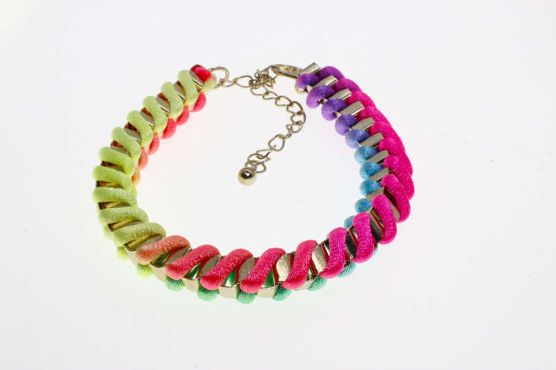 Bracelet - Fashion Gold Tone Weave Style Bracelet with Multicolour Textile String - ML2608