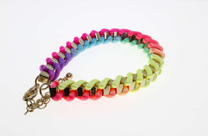Bracelet - Fashion Gold Tone Weave Style Bracelet with Multicolour Textile String - ML2608