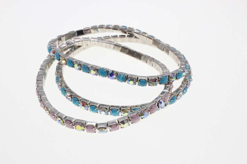 Bracelet - Fashion 2 x Stretch Silver Tone Turquoise Diamante and 1 x with Pink Diamante - ML2609
