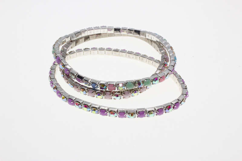 Bracelet - 3 x Fashion Stretch Silver Tone Various Colour Rhinestone Bracelets - ML2615