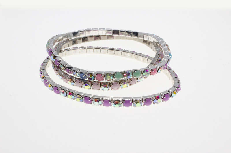 Bracelet - 3 x Fashion Stretch Silver Tone Various Colour Rhinestone Bracelets - ML2615
