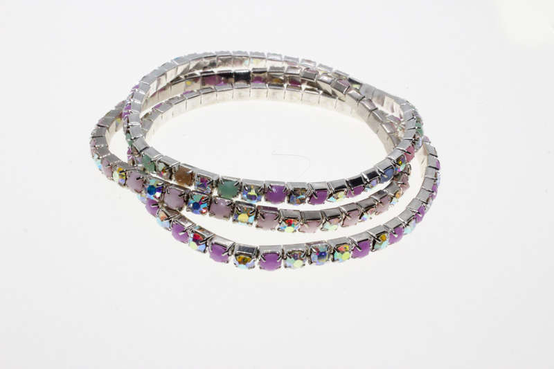 Bracelet - 3 x Fashion Stretch Silver Tone Various Colour Rhinestone Bracelets - ML2615