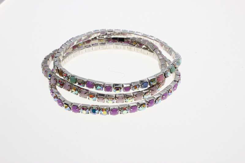 Bracelet - 3 x Fashion Stretch Silver Tone Various Colour Rhinestone Bracelets - ML2615