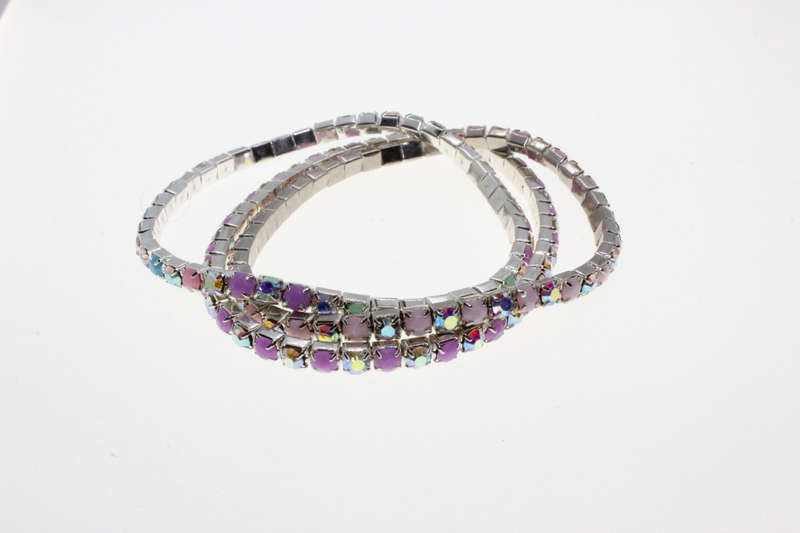 Bracelet - 3 x Fashion Stretch Silver Tone Various Colour Rhinestone Bracelets - ML2615