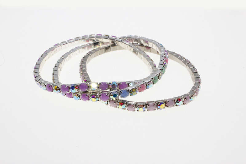 Bracelet - 3 x Fashion Stretch Silver Tone Various Colour Rhinestone Bracelets - ML2615