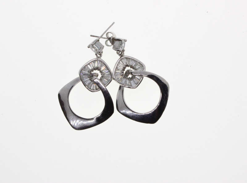 Earrings - Vintage Silver Tone Dangle with Arranged Diamantes & Irregular Diamond Style Loop - ML...