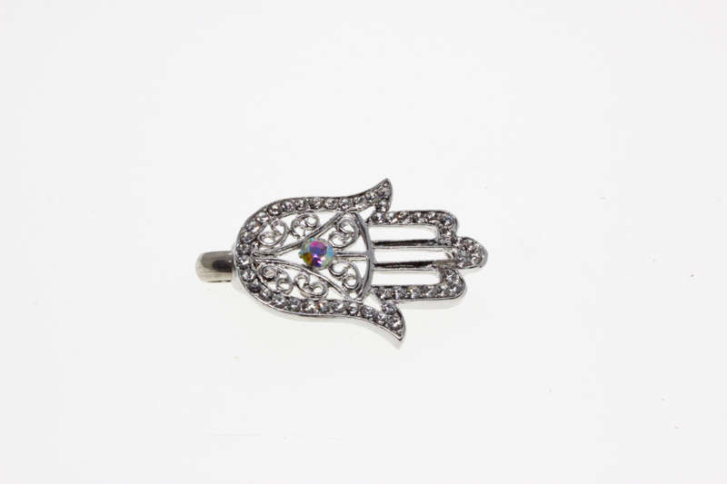 Pendant - Fashion Silver Tone Hamsa Hand with Diamante Centre & Surrounding Floral Diamantes - ML...
