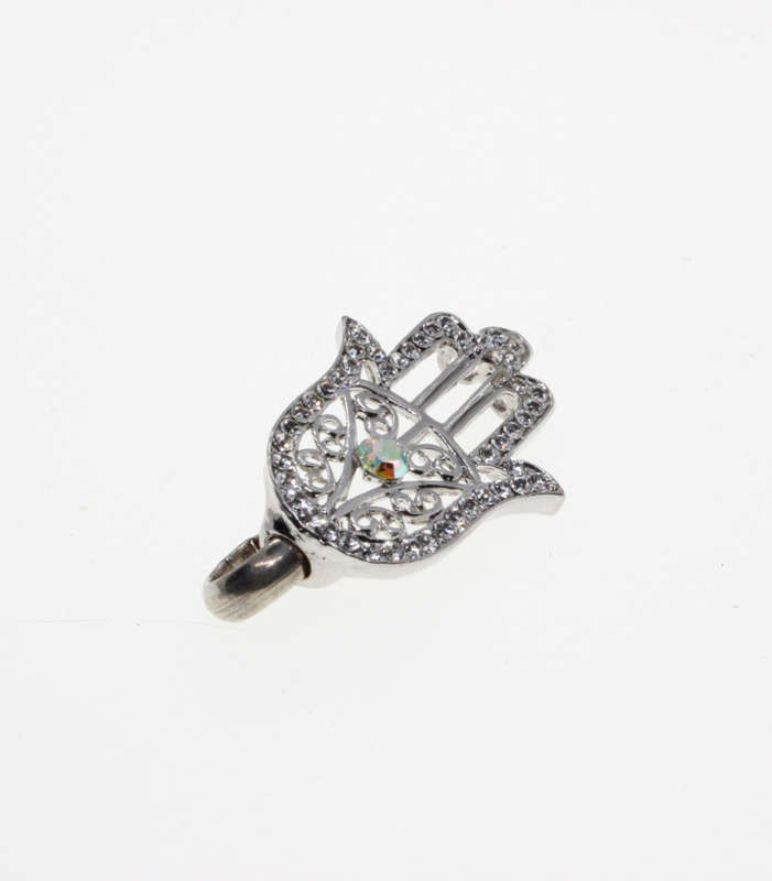 Pendant - Fashion Silver Tone Hamsa Hand with Diamante Centre & Surrounding Floral Diamantes - ML...