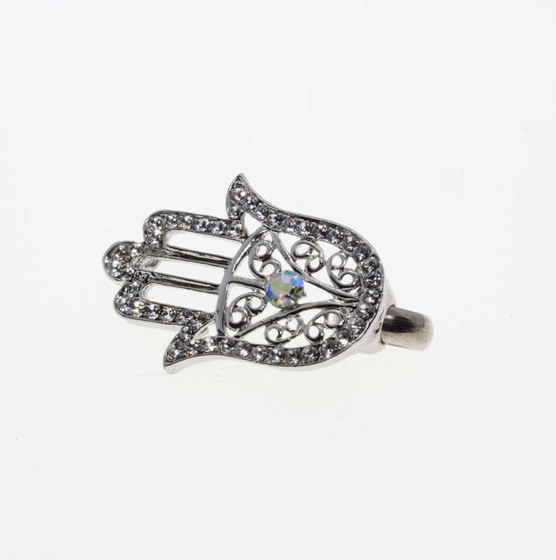 Pendant - Fashion Silver Tone Hamsa Hand with Diamante Centre & Surrounding Floral Diamantes - ML...