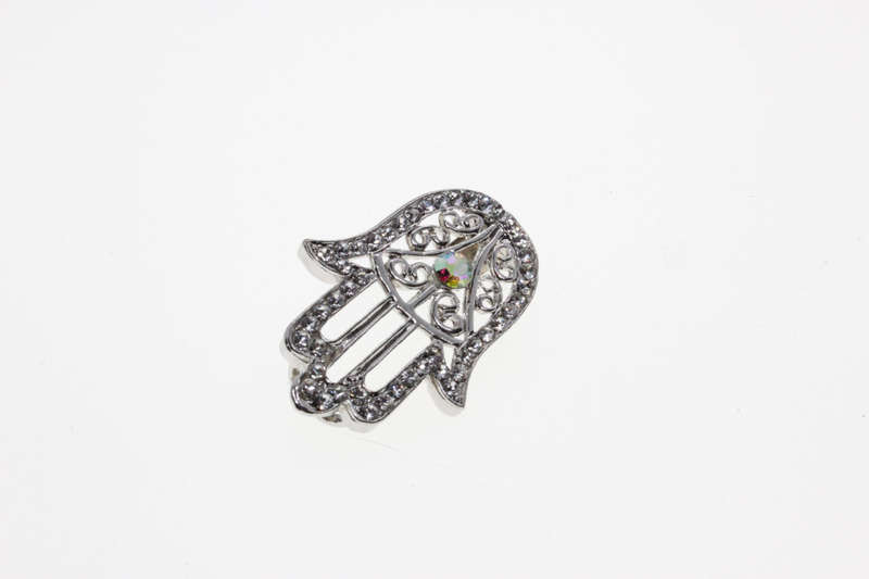 Pendant - Fashion Silver Tone Hamsa Hand with Diamante Centre & Surrounding Floral Diamantes - ML...