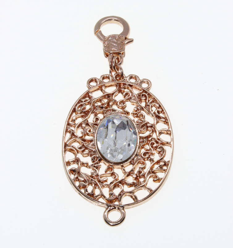 Pendant - Rose Gold Tone Oval Shape Filigree Pendant with large Clear Oval Centre Stone - ML2626