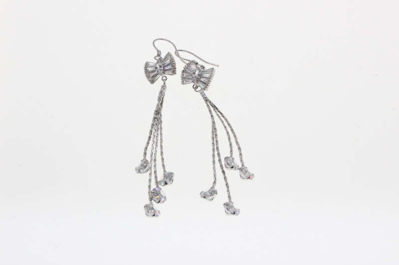 Earrings - Fashion 925 Silver Dangle Earrings with Hanging Diamante Stones and Diamante Bow - ML2633