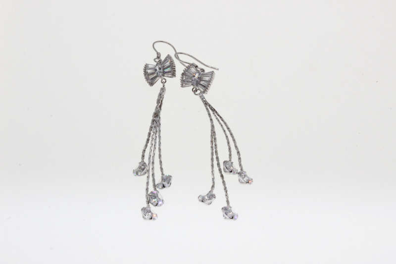 Earrings - Fashion 925 Silver Dangle Earrings with Hanging Diamante Stones and Diamante Bow - ML2633