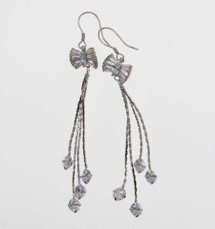 Earrings - Fashion 925 Silver Dangle Earrings with Hanging Diamante Stones and Diamante Bow - ML2633