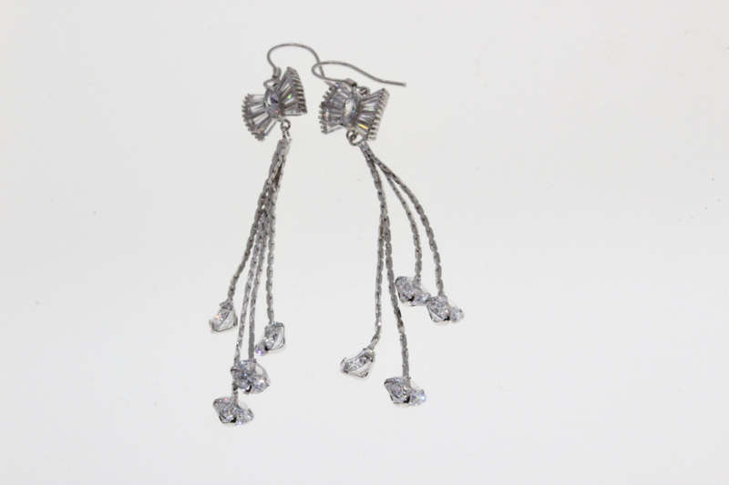 Earrings - Fashion 925 Silver Dangle Earrings with Hanging Diamante Stones and Diamante Bow - ML2633