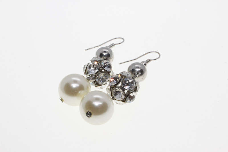 Earrings - Silver Tone White Faux Pearl Disco Ball Drop Earrings - ML2644
