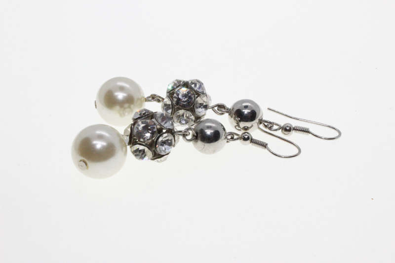Earrings - Silver Tone White Faux Pearl Disco Ball Drop Earrings - ML2644