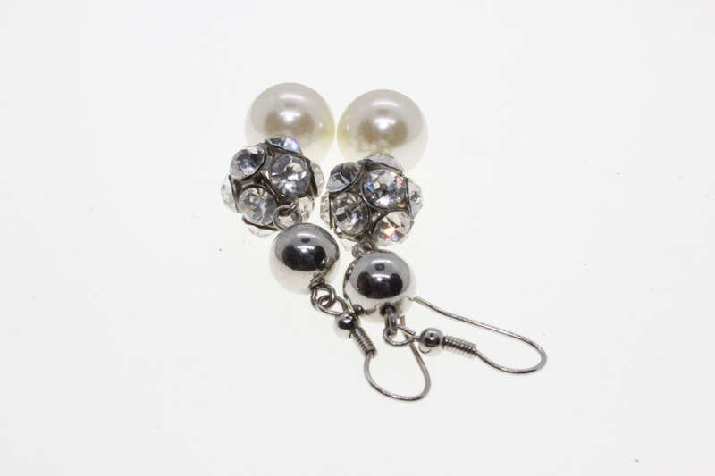 Earrings - Silver Tone White Faux Pearl Disco Ball Drop Earrings - ML2644
