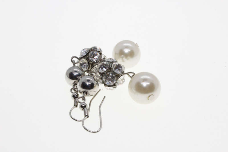 Earrings - Silver Tone White Faux Pearl Disco Ball Drop Earrings - ML2644