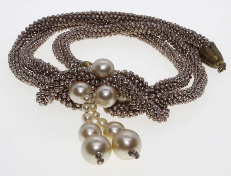 Necklace - Rose Gold Tone Choker knotted with hanging Faux Pearls - ML2647
