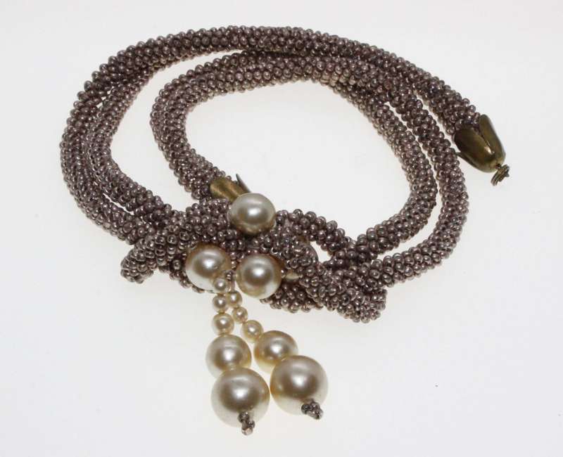 Necklace - Rose Gold Tone Choker knotted with hanging Faux Pearls - ML2647