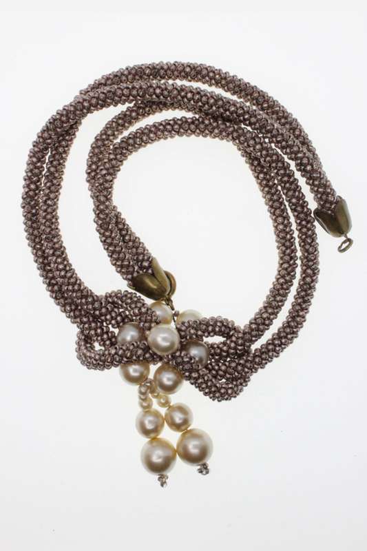 Necklace - Rose Gold Tone Choker knotted with hanging Faux Pearls - ML2647
