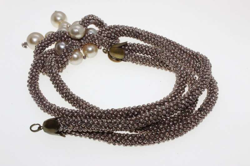 Necklace - Rose Gold Tone Choker knotted with hanging Faux Pearls - ML2647