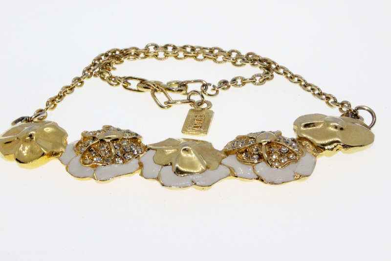Necklace -  Gold Tone Pansy Style Choker. Diamante Centres with White Enamel - ML2671