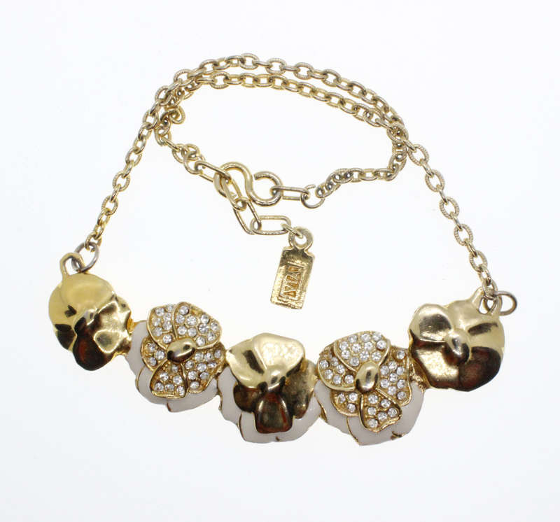 Necklace -  Gold Tone Pansy Style Choker. Diamante Centres with White Enamel - ML2671