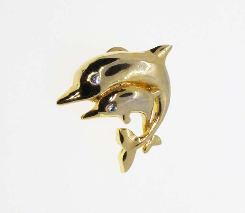 Scarf Pin - Gold Tone Dolphin with Baby. Diamante Eyes - ML2679