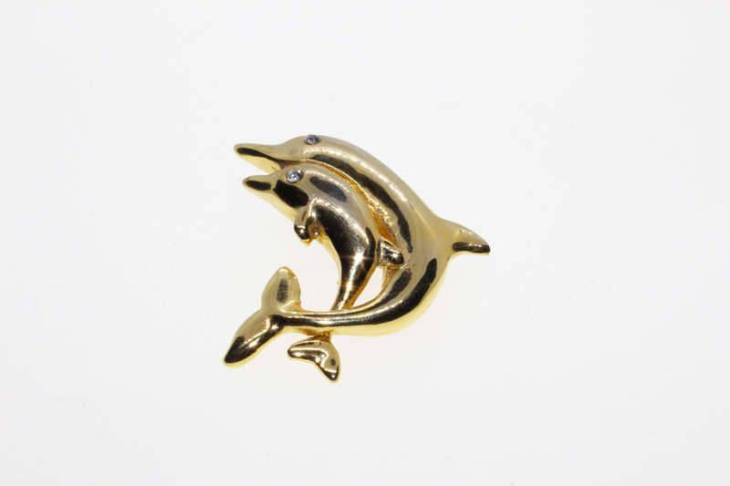 Scarf Pin - Gold Tone Dolphin with Baby. Diamante Eyes - ML2679