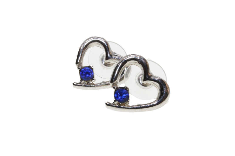 Earrings - Silver Tone Heart Shape Earrings with Blue Stone Encased in the Heart - ML2684
