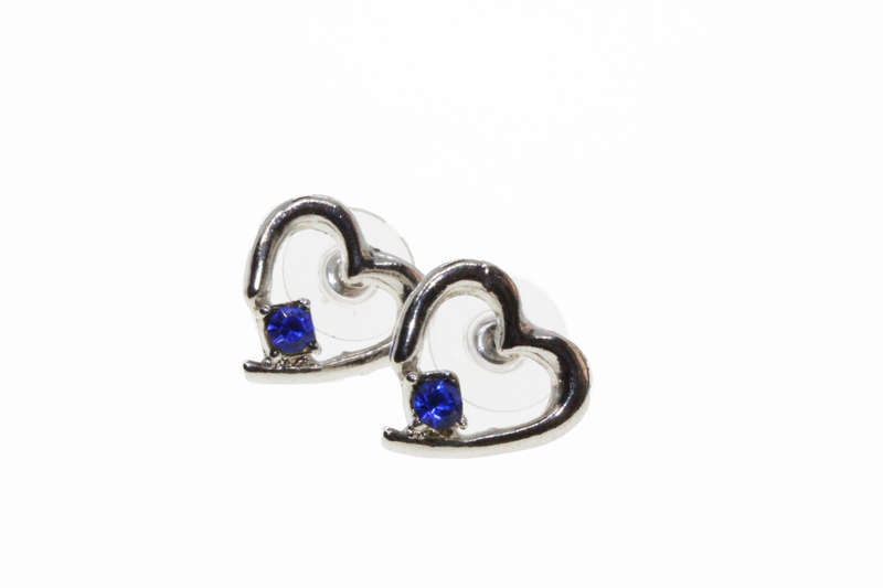 Earrings - Silver Tone Heart Shape Earrings with Blue Stone Encased in the Heart - ML2684