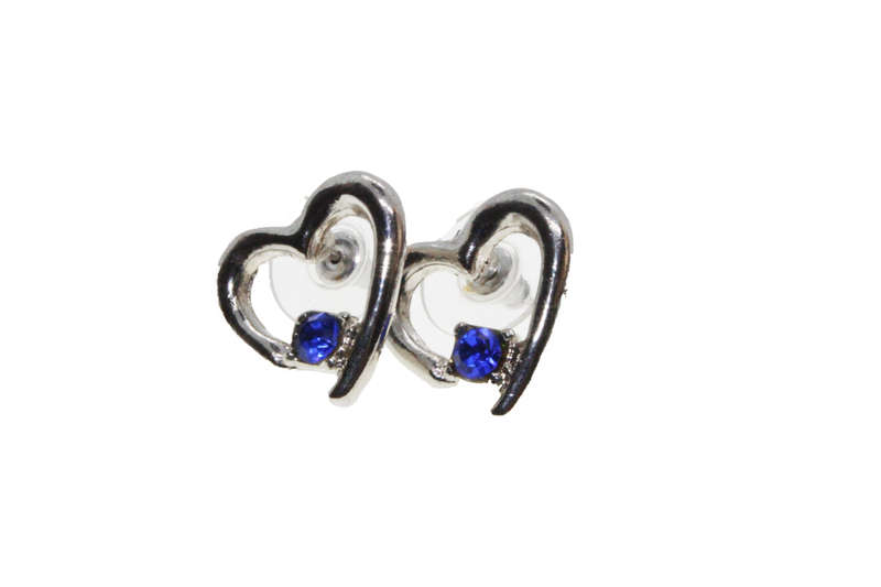 Earrings - Silver Tone Heart Shape Earrings with Blue Stone Encased in the Heart - ML2684