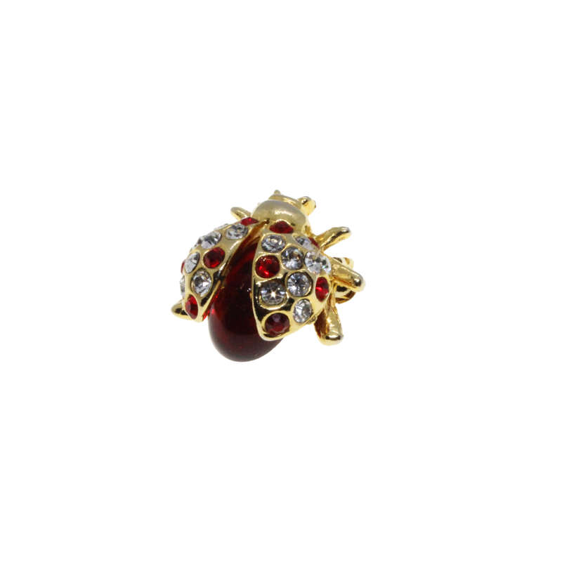 Brooch - Gold Tone Jelly Belly Lady Bug Lapel Pin with Red and Clear Diamantes - ML2702
