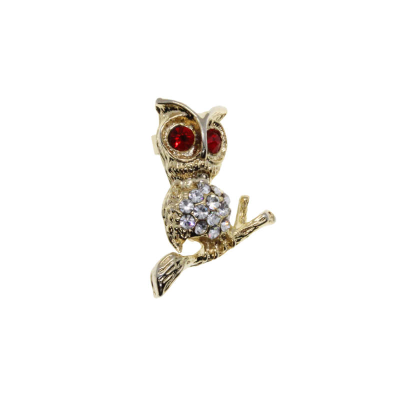Brooch - Gold Tone Owl with Red Rhinestone Eyes. Clear Diamantes on Belly - ML2706