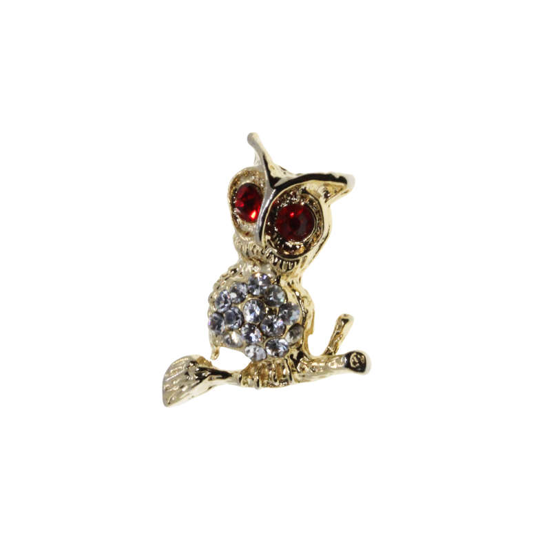 Brooch - Gold Tone Owl with Red Rhinestone Eyes. Clear Diamantes on Belly - ML2706