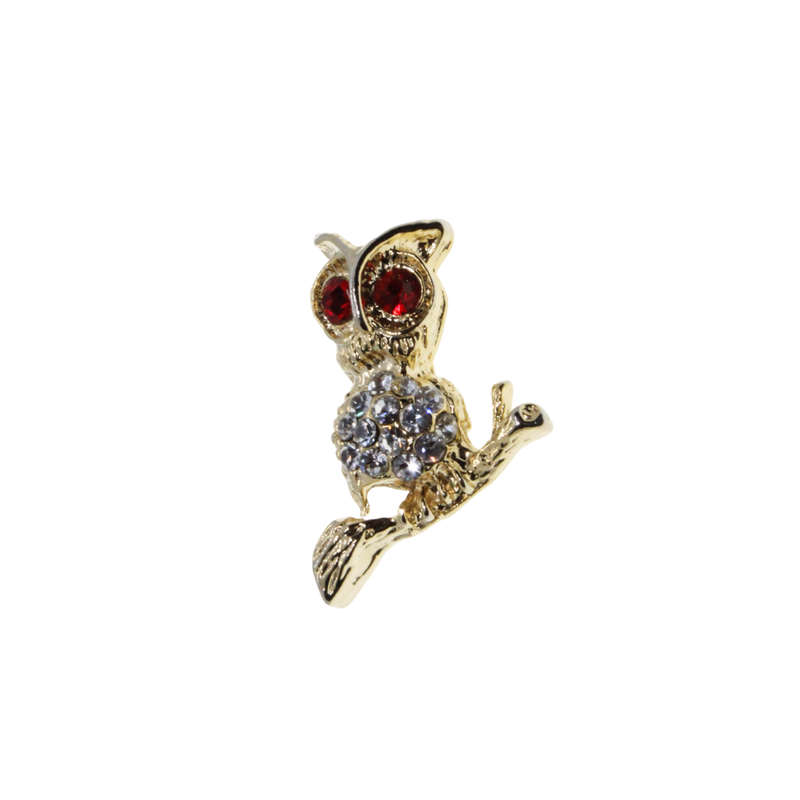 Brooch - Gold Tone Owl with Red Rhinestone Eyes. Clear Diamantes on Belly - ML2706