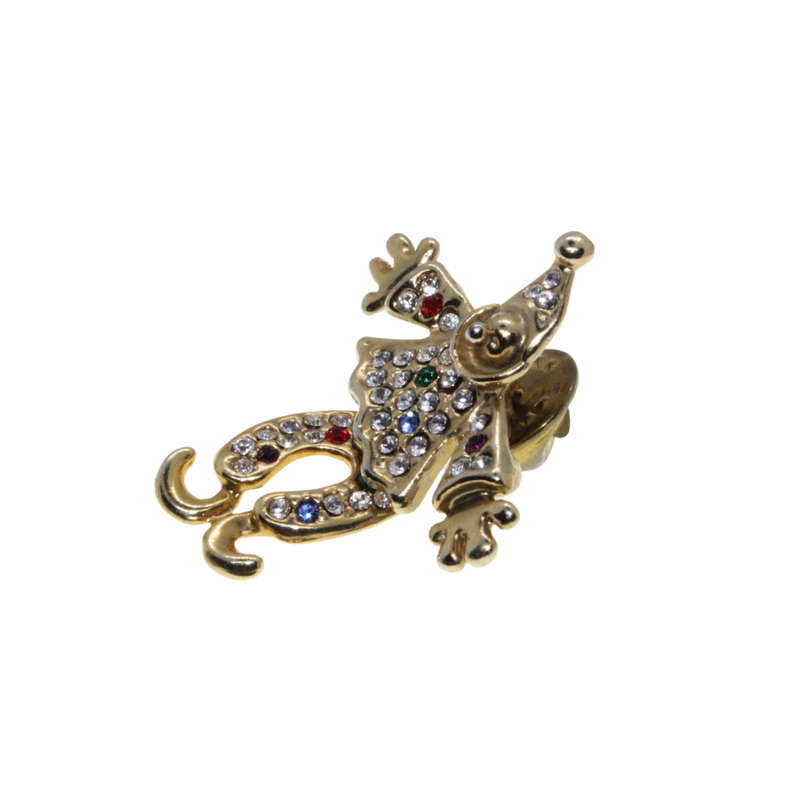 Brooch - Gold Tone Vintage Clown with movable body. Clear & Green Rhinestones - ML2707