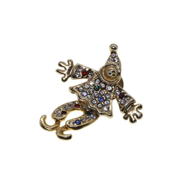 Brooch - Gold Tone Vintage Clown with movable body. Clear & Green Rhinestones - ML2707